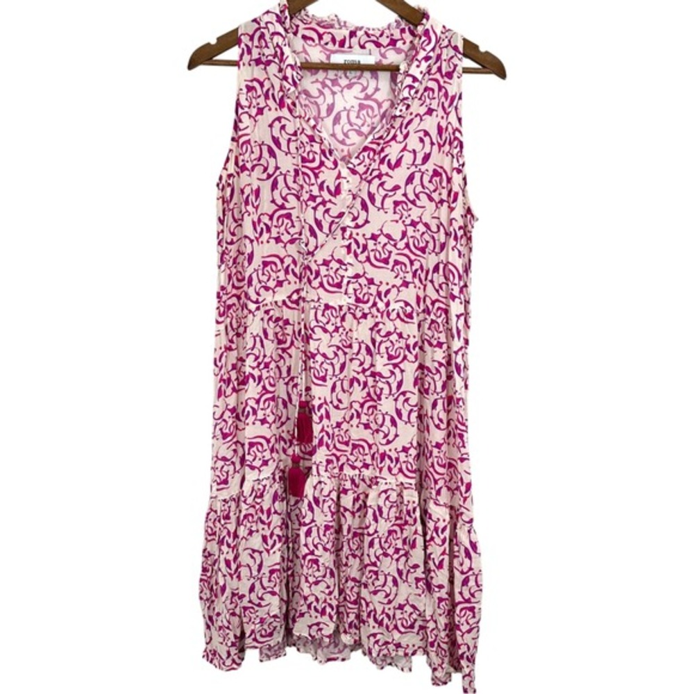 Roma Sleeveless Dress Pink Floral Print Ruffle Trim Tiered Boho Chic Lenzing